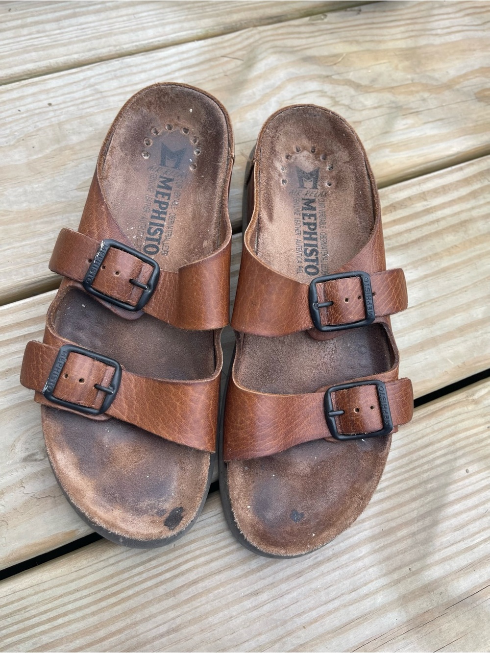 Mephisto Tan/Brown Leather Double-Buckle Comfort Slides